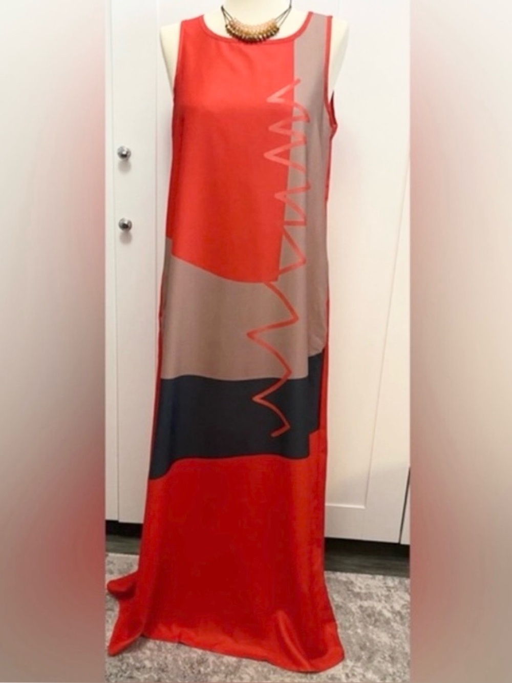 Color Block Sleeveless Maxi Dress With Red Black & Brown Design Sz MED NEW!